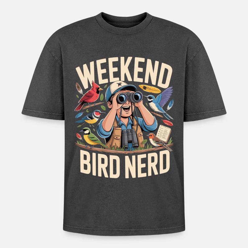 Weekend Bird Nerd Vogelbeobachter - Oversized Unisex Premium Acid-Washed T-Shirt - Schwarz Acid Wash