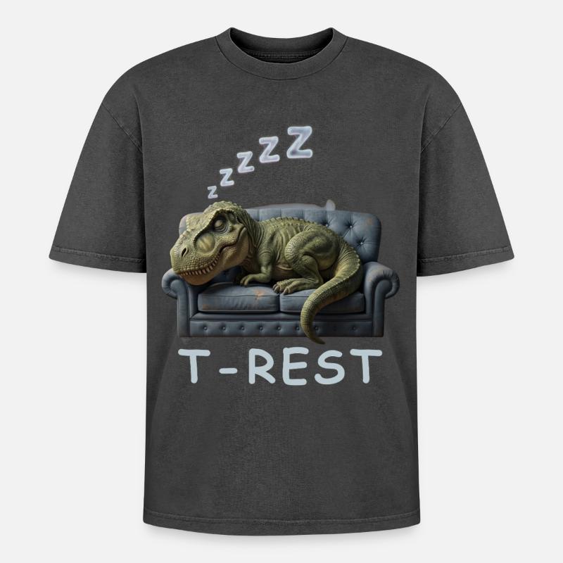 T-Rest Dino on Sofa - Oversized Unisex Premium Acid-Washed T-Shirt - acid washed black