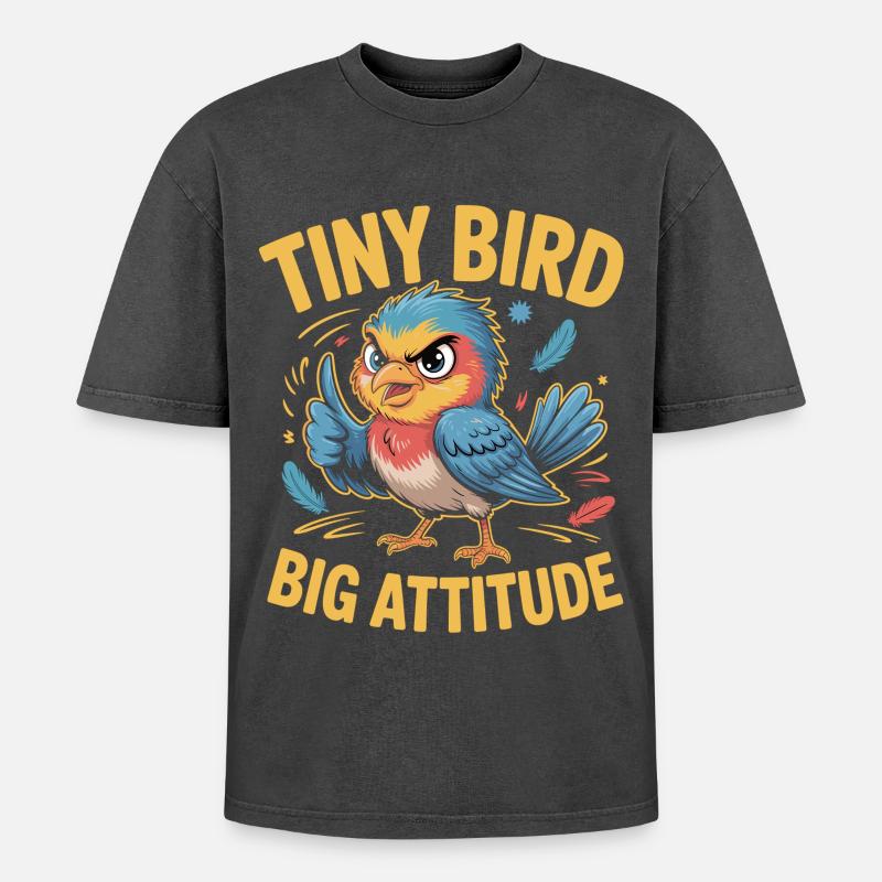 Tiny Bird Big Attitude Vogel Spruch - Oversized Unisex Premium Acid-Washed T-Shirt - Schwarz Acid Wash