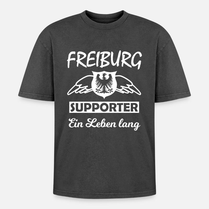 Freiburg Supporter Ein Leben Lang - Oversized Unisex Premium Acid-Washed T-Shirt - Schwarz Acid Wash