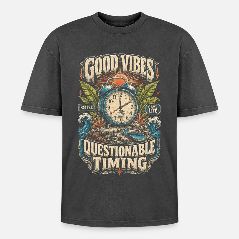 Belize Belizean Root Questionable Timing - Oversized Unisex Premium Acid-Washed T-Shirt - acid washed black