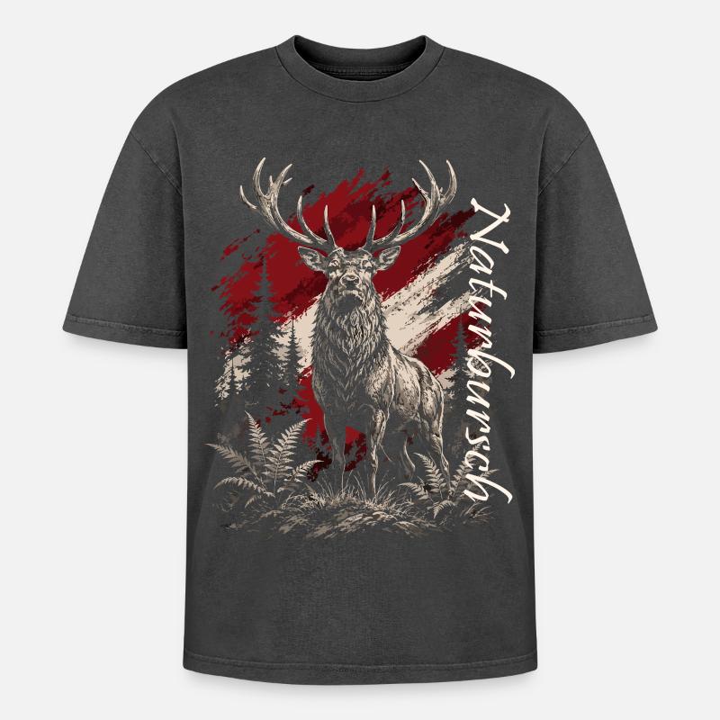 Hirsch im Wald – Rustikal Illustration - Oversized Unisex Premium Acid-Washed T-Shirt - Schwarz Acid Wash