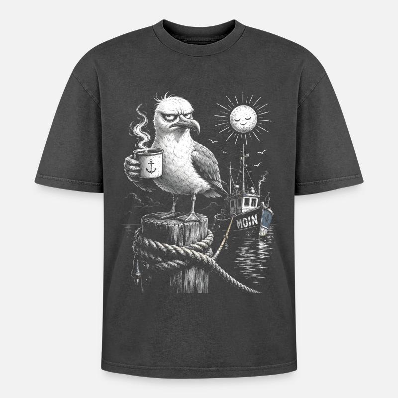 MOIN – Grumpy Seagull with Coffee - Oversized Unisex Premium Acid-Washed T-Shirt - acid washed black