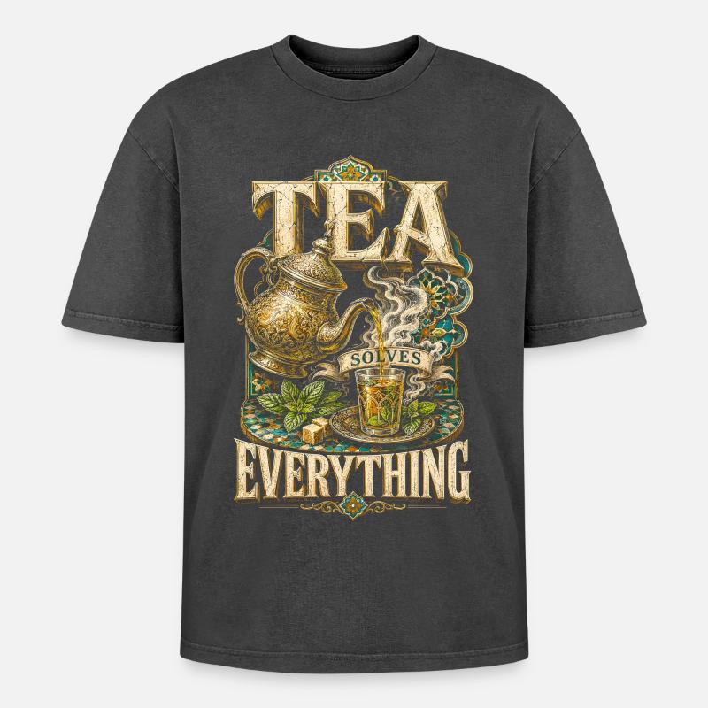 Marokkaner Marokko Tea Solves Everything - Oversized Unisex Premium Acid-Washed T-Shirt - Schwarz Acid Wash