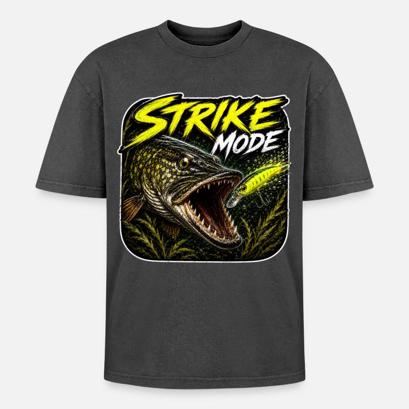 Strike-Mode Hechtfischerei-Design - Oversized Unisex Premium Acid-Washed T-Shirt - Schwarz Acid Wash