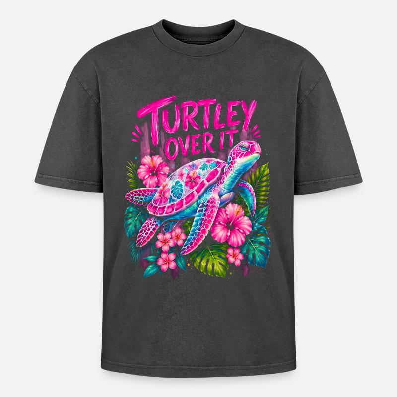 Turtley Over It Cute Turtle Flower - Oversized Unisex Premium Acid-Washed T-Shirt - Schwarz Acid Wash