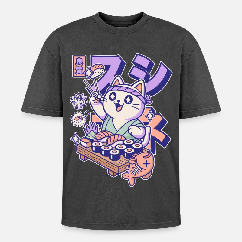 Sushi Chefkoch Katze  - Oversized Unisex Premium Acid-Washed T-Shirt - Schwarz Acid Wash
