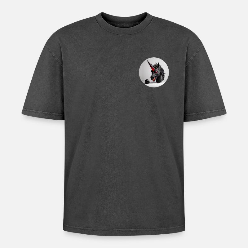 Dämonisches Einhornkopf-Design - Oversized Unisex Premium Acid-Washed T-Shirt - Schwarz Acid Wash
