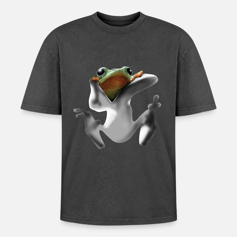 Frosch - Oversized Unisex Premium Acid-Washed T-Shirt - Schwarz Acid Wash
