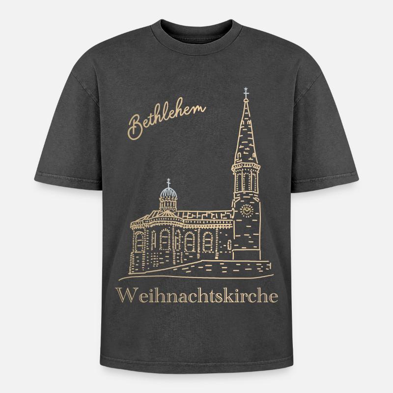 Weihnachtskirche Bethlehem Handzeichnung - Oversized Unisex Premium Acid-Washed T-Shirt - Schwarz Acid Wash
