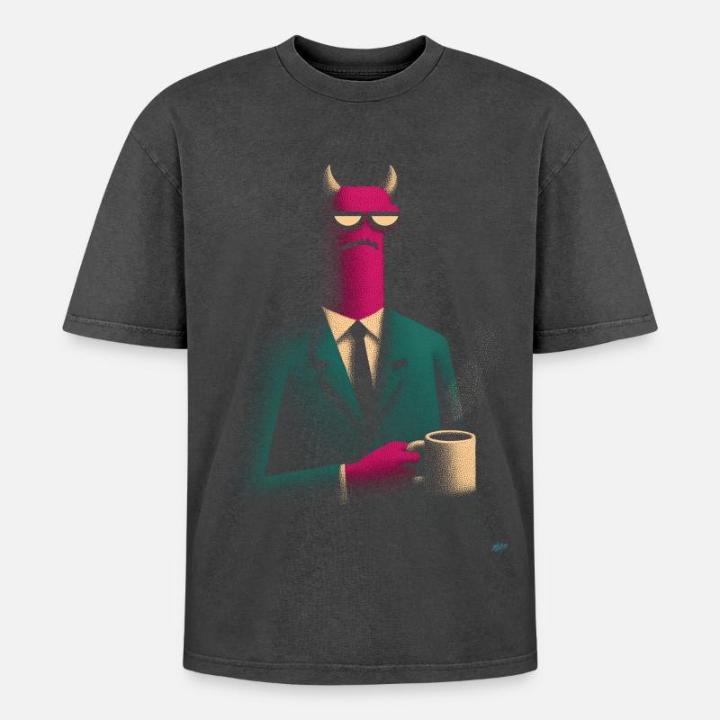 Dämon im Anzug mit Kaffee - Oversized Unisex Premium Acid-Washed T-Shirt - Schwarz Acid Wash