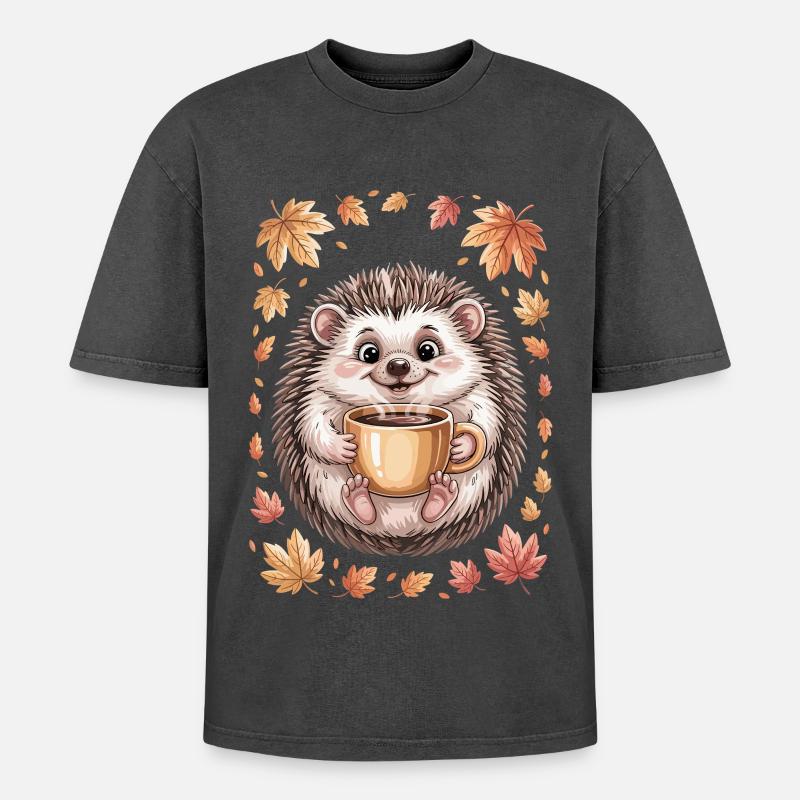 Herbstlicher Igel mit Kaffeebecher - Oversized Unisex Premium Acid-Washed T-Shirt - Schwarz Acid Wash
