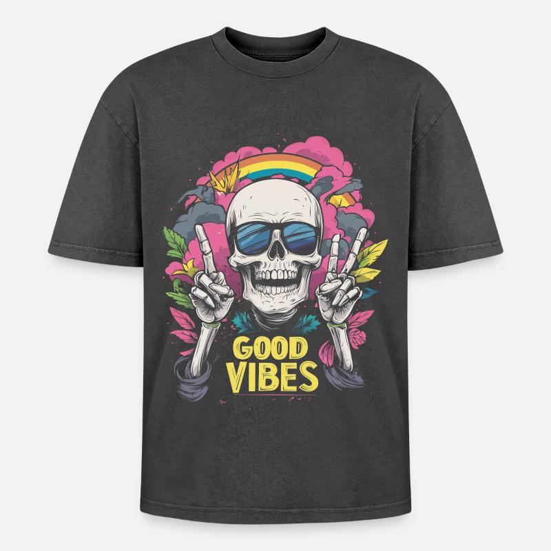 Skull Regenbogen - Oversized Unisex Premium Acid-Washed T-Shirt - Schwarz Acid Wash
