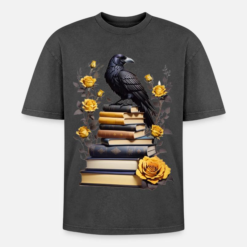 Stack of books with raven - Oversized Unisex Premium Acid-Washed T-Shirt - acid washed black