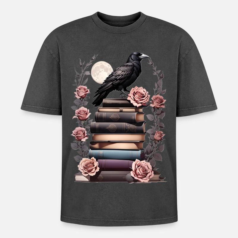 Stack of books with raven - Oversized Unisex Premium Acid-Washed T-Shirt - acid washed black