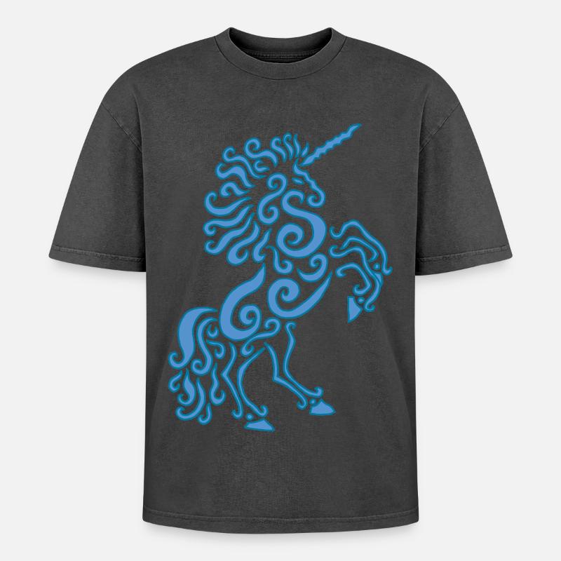 Blaues Einhorn Pferd - Oversized Unisex Premium Acid-Washed T-Shirt - Schwarz Acid Wash