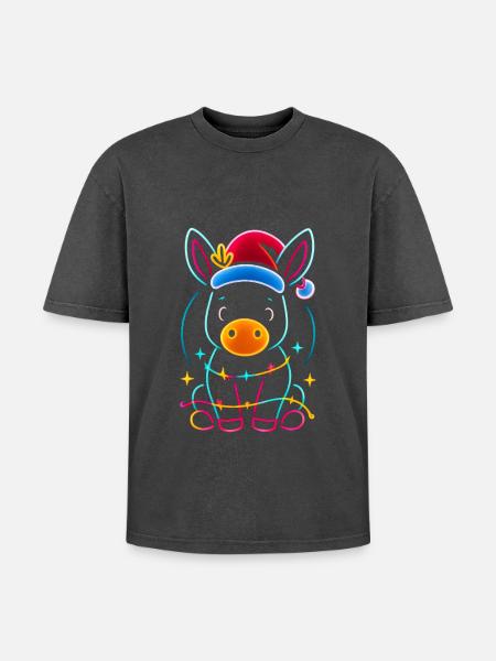 Donkey Elf Christmas Funny Gift - Oversized Unisex Premium Acid-Washed T-Shirt - acid washed black