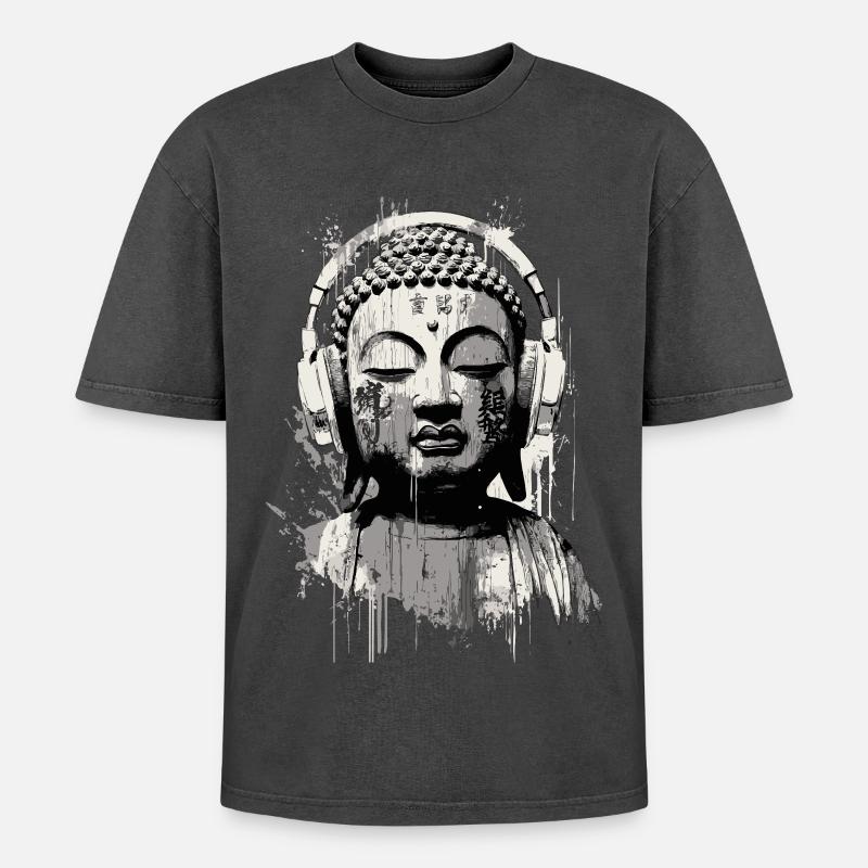 Buddha mit Kopfhörern Zen Art - Oversized Unisex Premium Acid-Washed T-Shirt - Schwarz Acid Wash