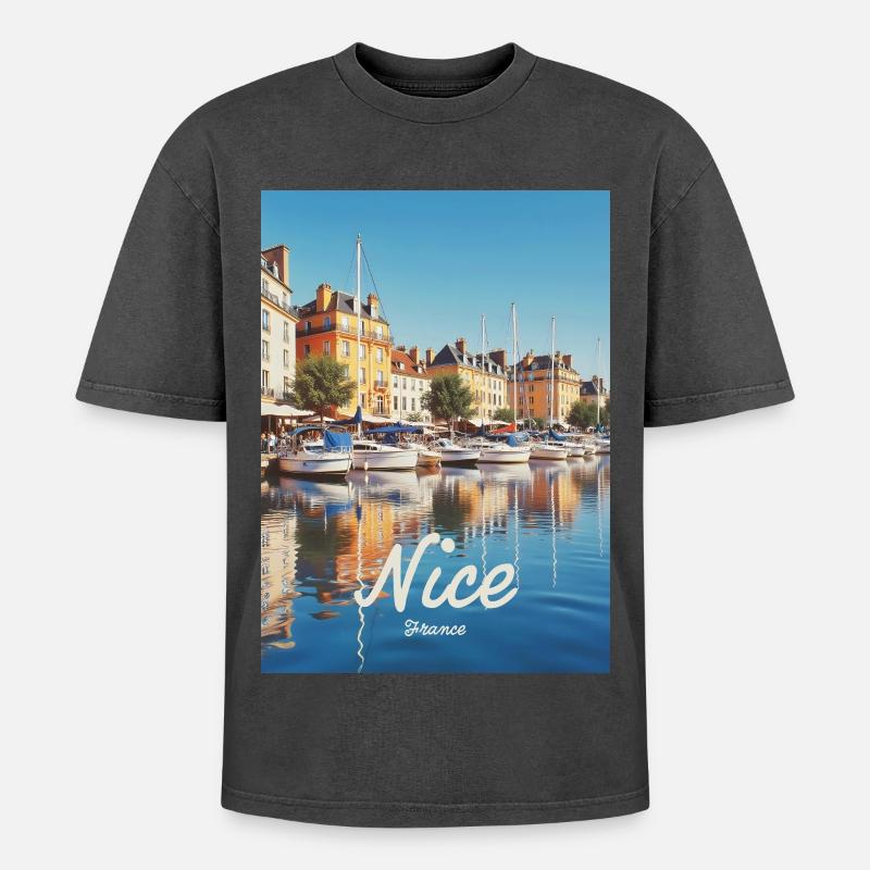 Nice Hafen von Nizza - Oversized Unisex Premium Acid-Washed T-Shirt - Schwarz Acid Wash