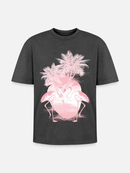 Palm Flamingos Summer Pink - Oversized Unisex Premium Acid-Washed T-Shirt - acid washed black