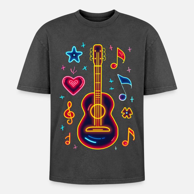 Retro Ukulele Retrowave - Oversized Unisex Premium Acid-Washed T-Shirt - Schwarz Acid Wash
