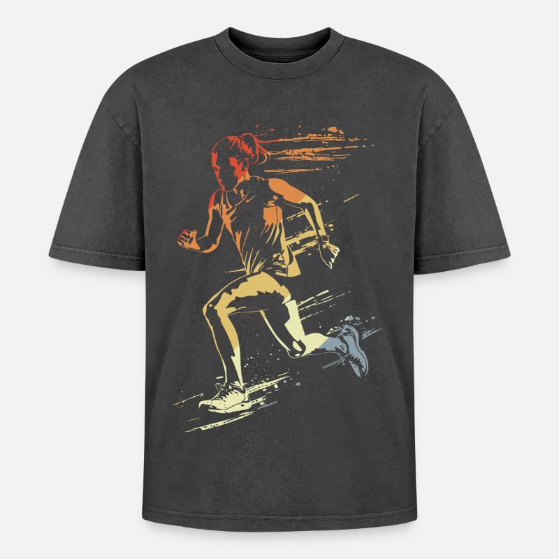 Läuferin Retro-Stil - Oversized Unisex Premium Acid-Washed T-Shirt - Schwarz Acid Wash