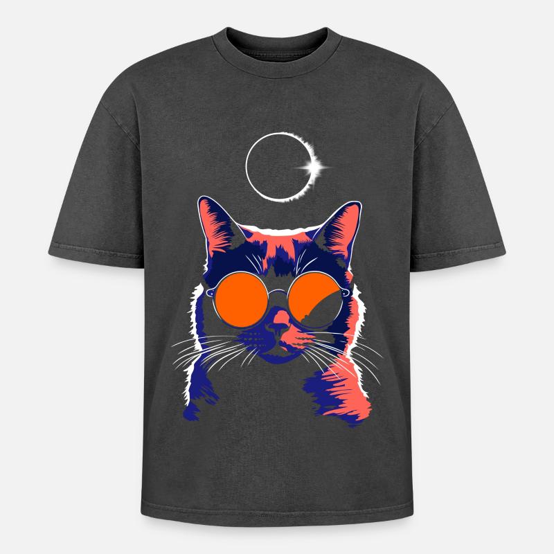 Katze Sonnenbrille Total Eclipse Cat - Oversized Unisex Premium Acid-Washed T-Shirt - Schwarz Acid Wash