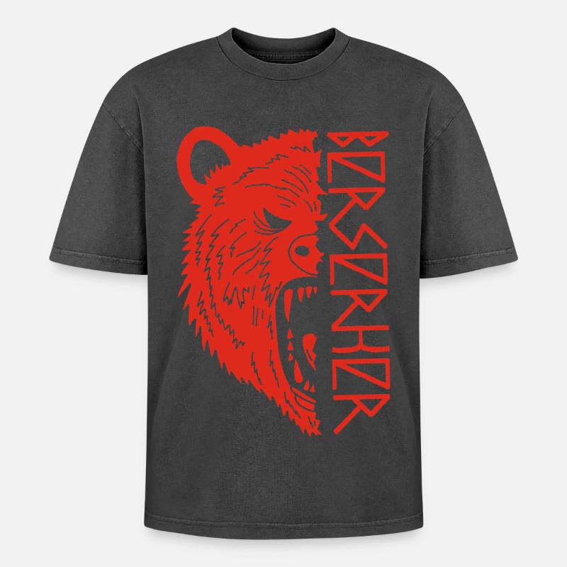 Red Bear Warrior - Oversized Unisex Premium Acid-Washed T-Shirt - acid washed black