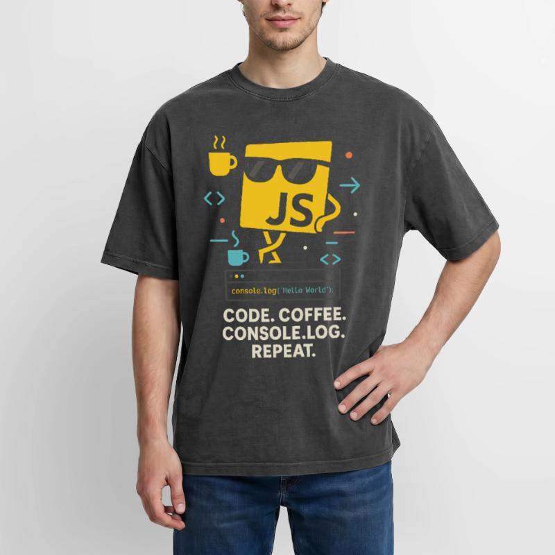 Code Coffee Console.log Repeat JavaScript Programm Oversized Unisex Premium Acid-Washed T-Shirt