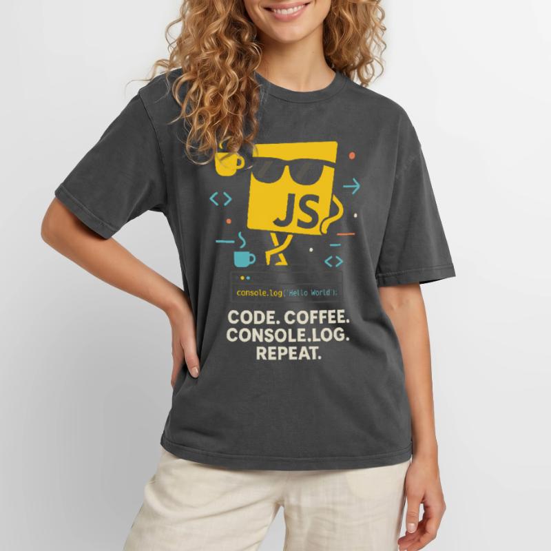 Code Coffee Console.log Repeat JavaScript Programm Oversized Unisex Premium Acid-Washed T-Shirt