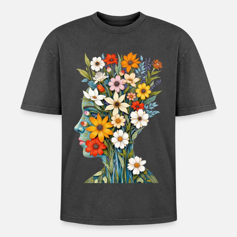 Abstrakte Kunst Blumen - Oversized Unisex Premium Acid-Washed T-Shirt - Schwarz Acid Wash