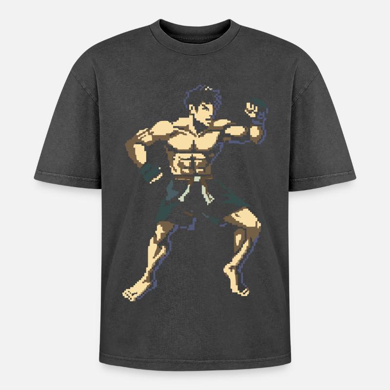 Kickboxer Pixel Graphics - Oversized Unisex Premium Acid-Washed T-Shirt - acid washed black