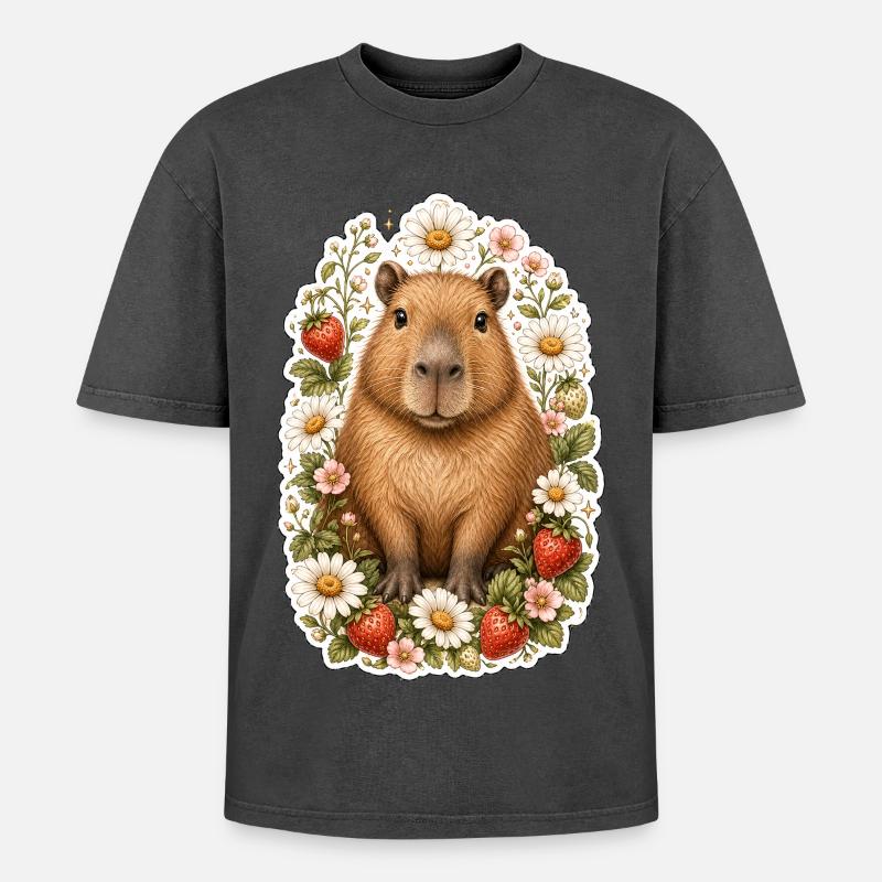 Capybara Erdbeeren Gänseblümchen Tierfreund - Oversized Unisex Premium Acid-Washed T-Shirt - Schwarz Acid Wash