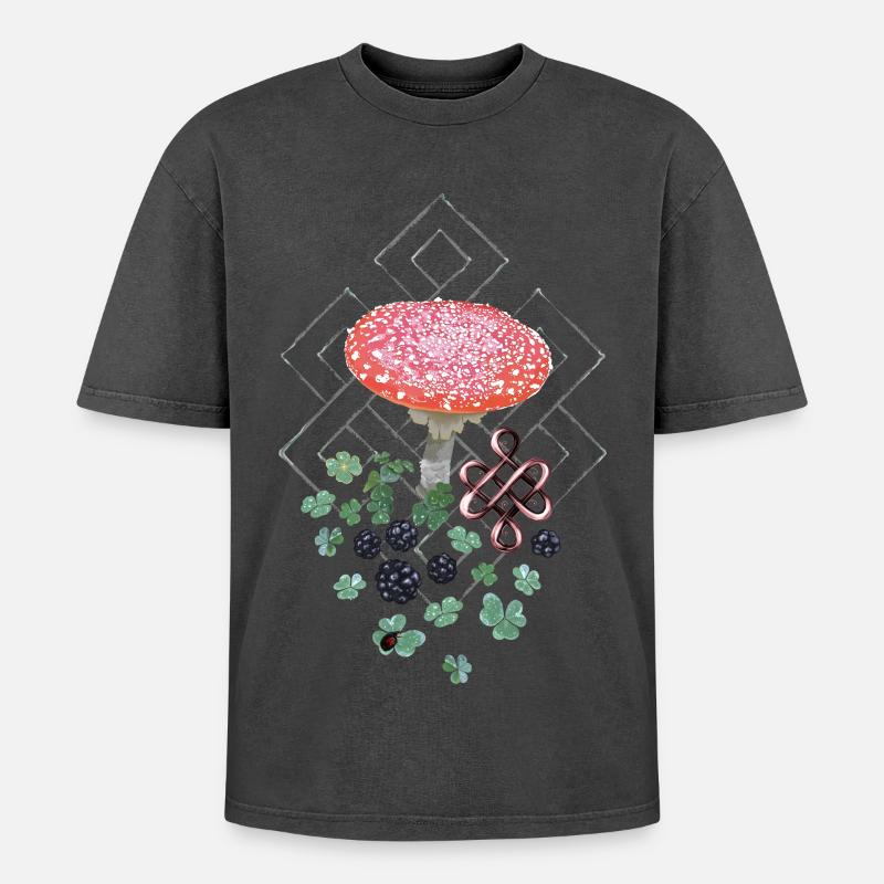 Lucky Toadstool Clover - Oversized Unisex Premium Acid-Washed T-Shirt - acid washed black