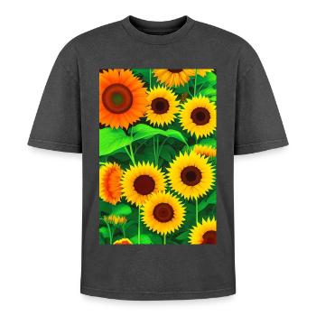 Sunflowers - Oversized Unisex Premium Acid-Washed T-Shirt - acid washed black - Front - AI Model Female 172 light (172cm) & AI Model Male 185 light (185cm)