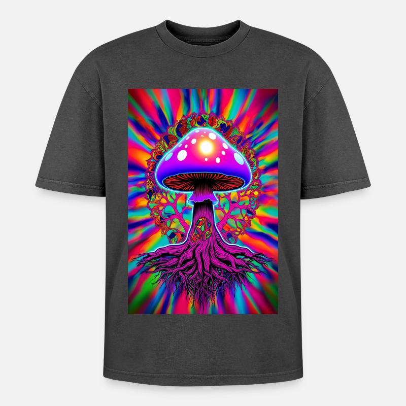 Psychedelic Mushroom - Oversized Unisex Premium Acid-Washed T-Shirt - acid washed black
