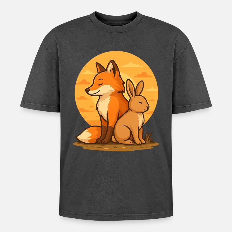 Fox and Rabbit - Oversized Unisex Premium Acid-Washed T-Shirt - acid washed black
