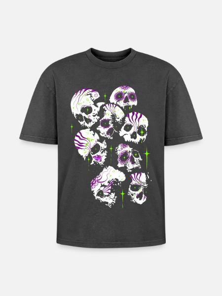 Skulls Skull Halloween Sugar Skulls - Oversized Unisex Premium Acid-Washed T-Shirt - acid washed black