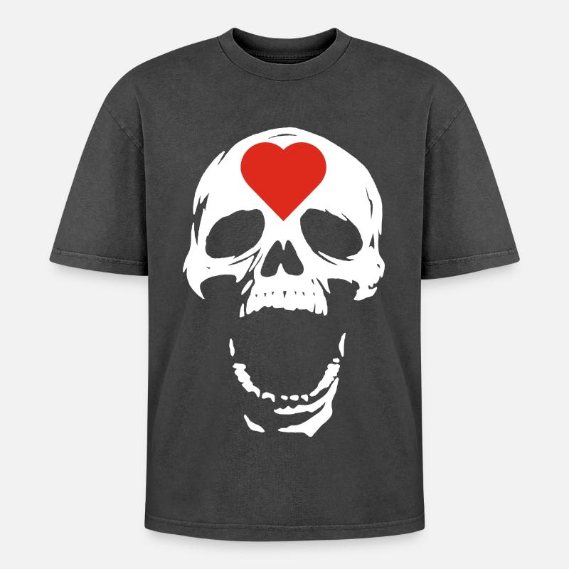 Der weiße Schädel und das Herz - Oversized Unisex Premium Acid-Washed T-Shirt - Schwarz Acid Wash