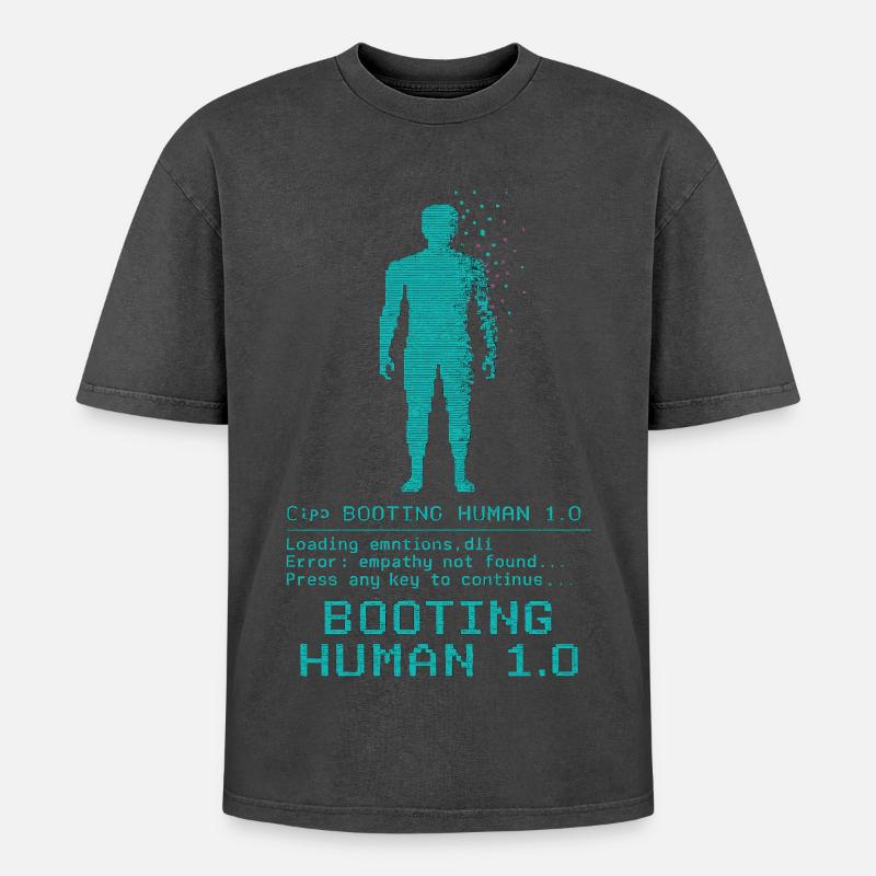 Booting Human 1.0 Empathy Error - Oversized Unisex Premium Acid-Washed T-Shirt - Schwarz Acid Wash
