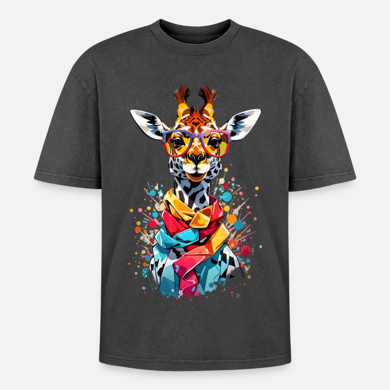 Coole Giraffe - Oversized Unisex Premium Acid-Washed T-Shirt - Schwarz Acid Wash