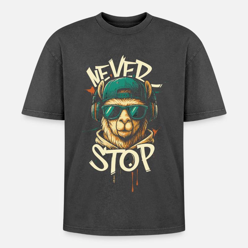 Llama DJ Never Stop - Oversized Unisex Premium Acid-Washed T-Shirt - acid washed black
