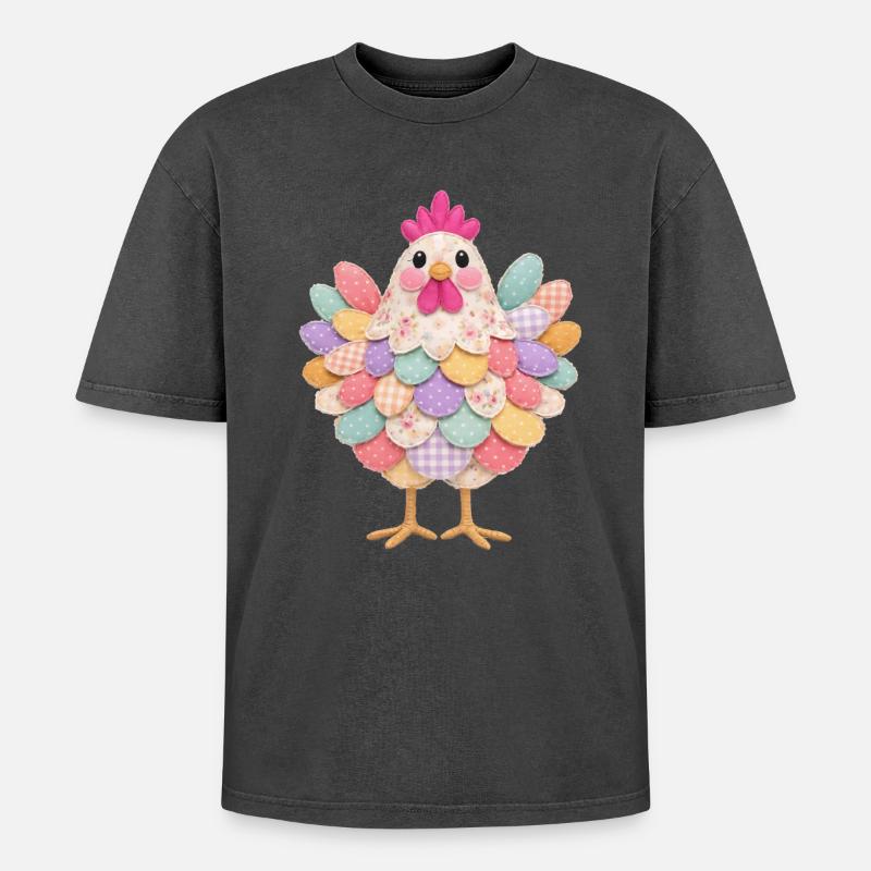 Niedlicher Patchwork-Hennen-Rustikal-Stil - Oversized Unisex Premium Acid-Washed T-Shirt - Schwarz Acid Wash