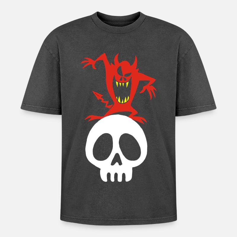 Schädel und Dämon - Oversized Unisex Premium Acid-Washed T-Shirt - Schwarz Acid Wash
