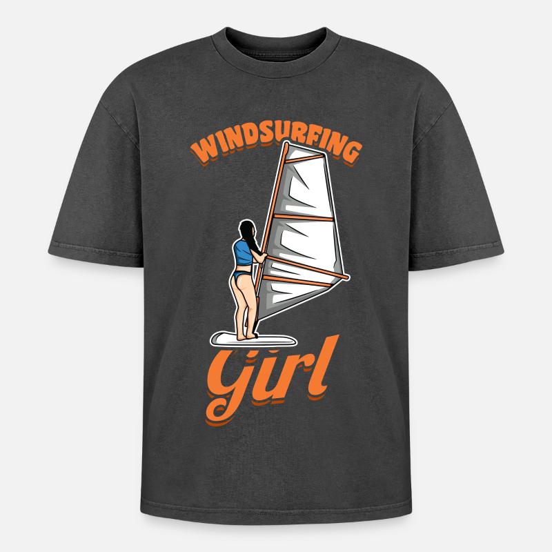 Mädchen Windsurferin - Oversized Unisex Premium Acid-Washed T-Shirt - Schwarz Acid Wash