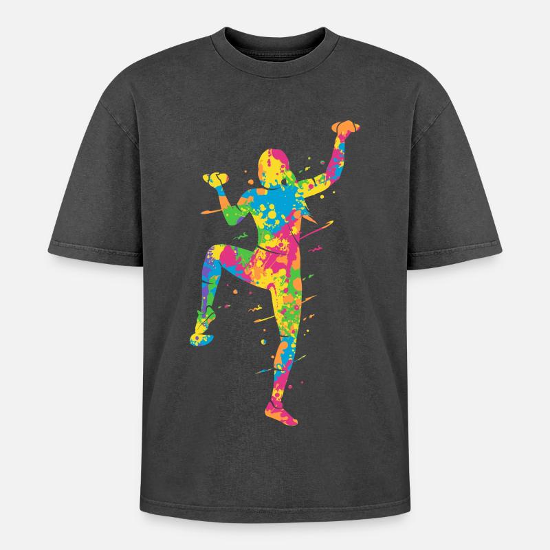Bouldern Bunt Kletterer Mädchen Berge Klettern - Oversized Unisex Premium Acid-Washed T-Shirt - Schwarz Acid Wash
