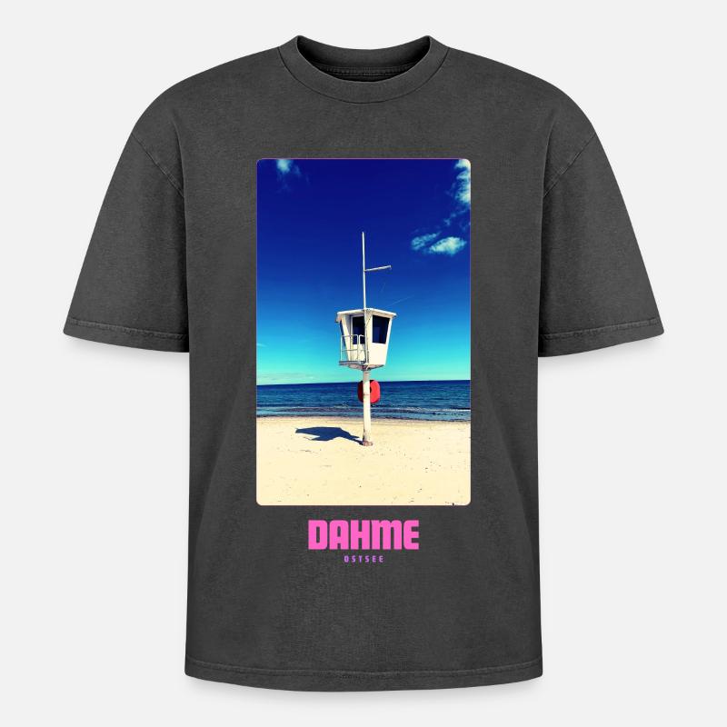 DAHME BEACH - Oversized Unisex Premium Acid-Washed T-Shirt - Schwarz Acid Wash