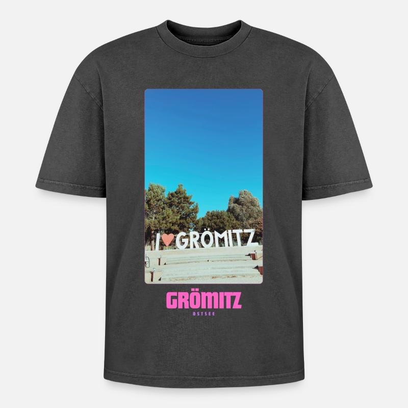 Grömitz _ Ostsee - Oversized Unisex Premium Acid-Washed T-Shirt - Schwarz Acid Wash