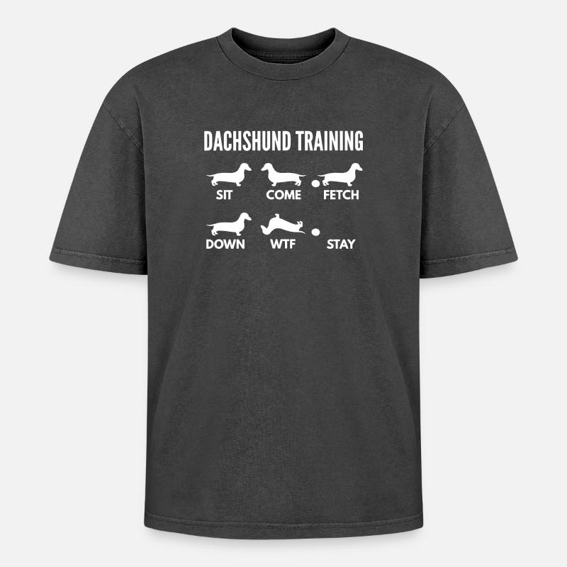 Dackel-Trainingshemd - Oversized Unisex Premium Acid-Washed T-Shirt - Schwarz Acid Wash