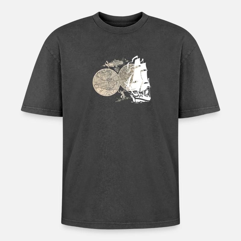 Ship + Map - Oversized Unisex Premium Acid-Washed T-Shirt - acid washed black
